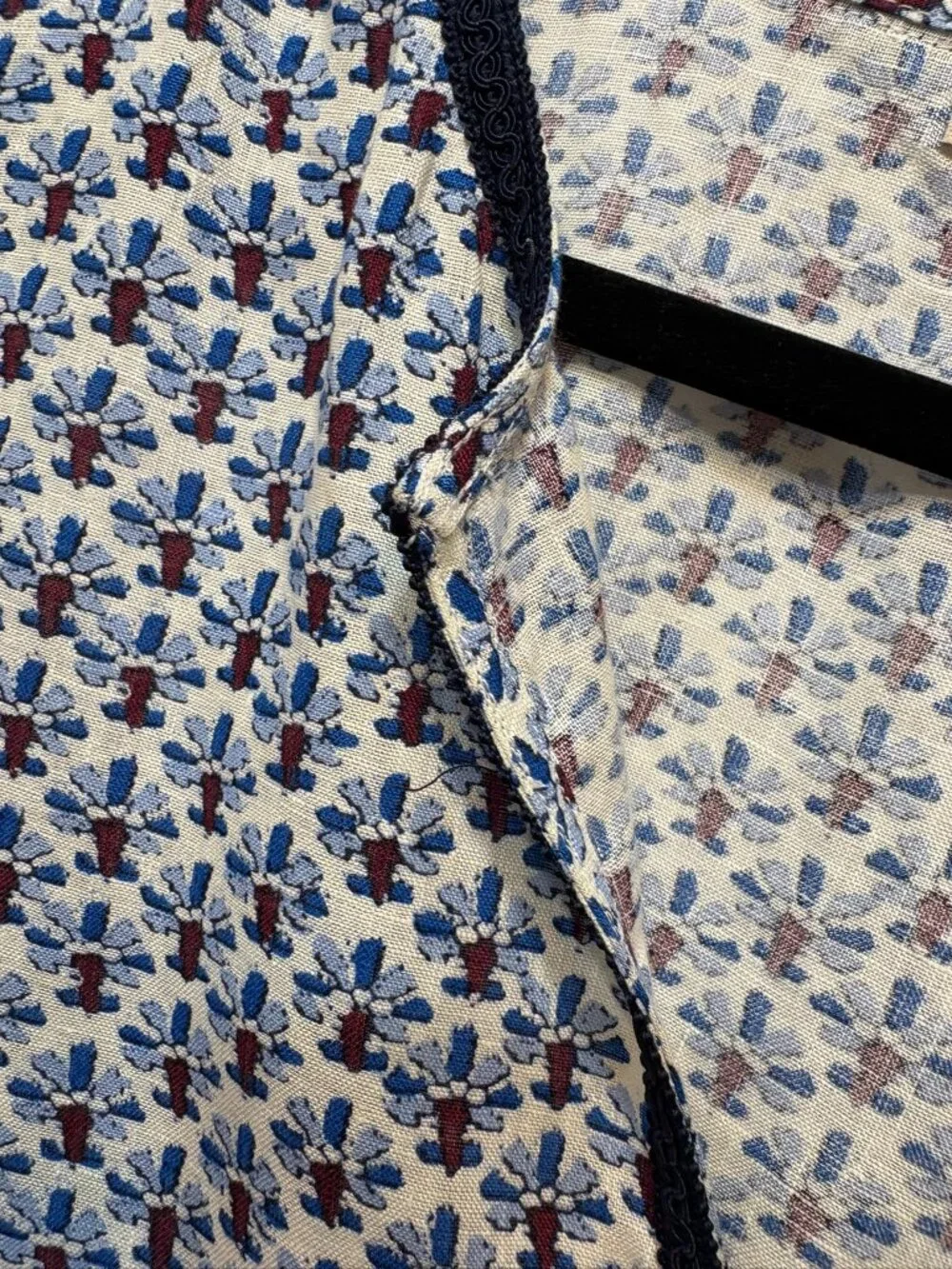 Tory Burch Blue Floral Geometric Print Split Neck Tunic Blouse Large